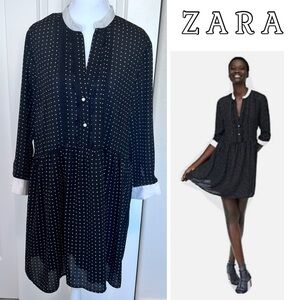Zara Black White Polka Dot Lace Pintuck Button up Dress Sz XL
